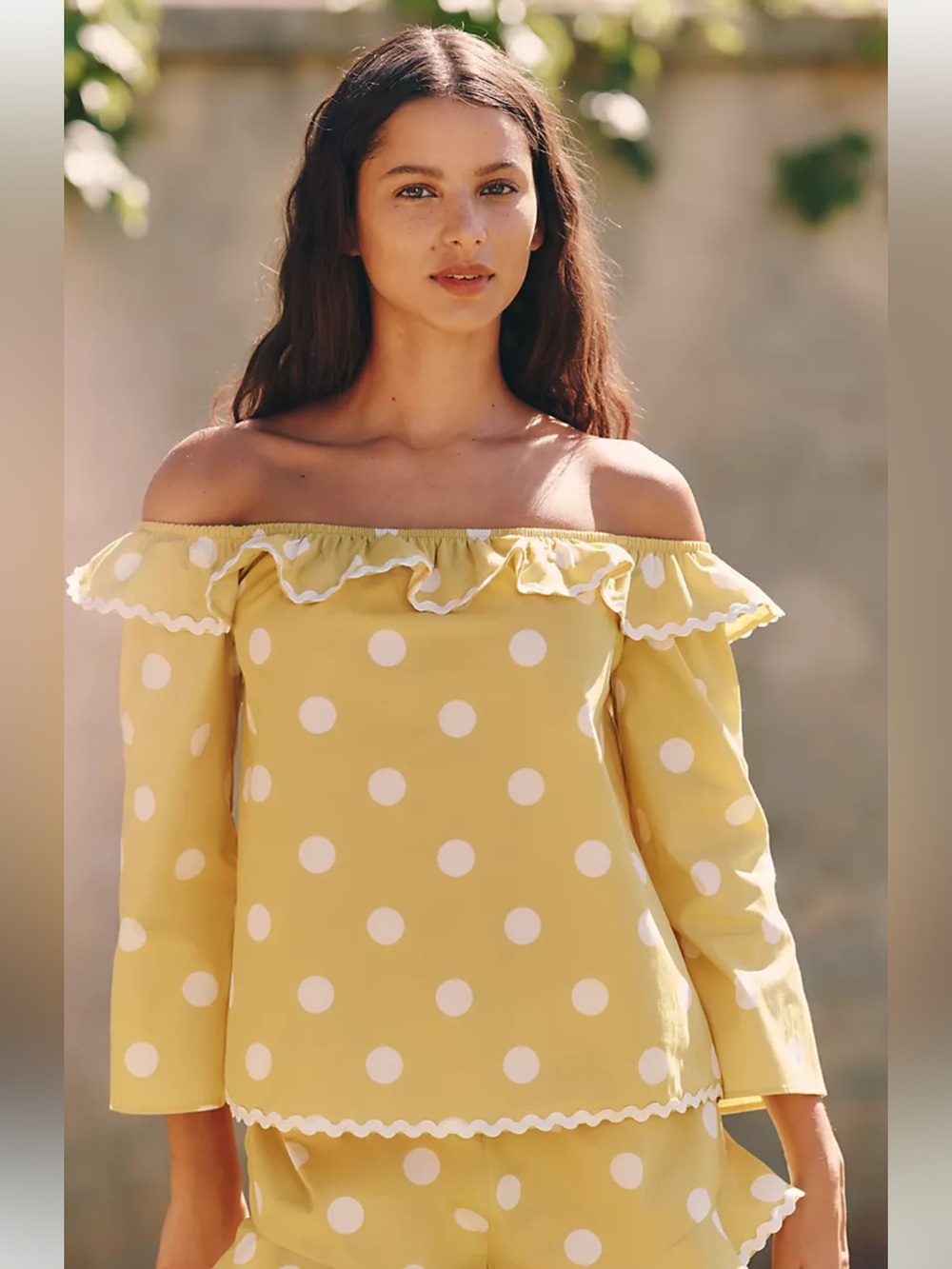 NWT retail $88 size S #Anthropologie yellow polka dot off-the-shoulder top.